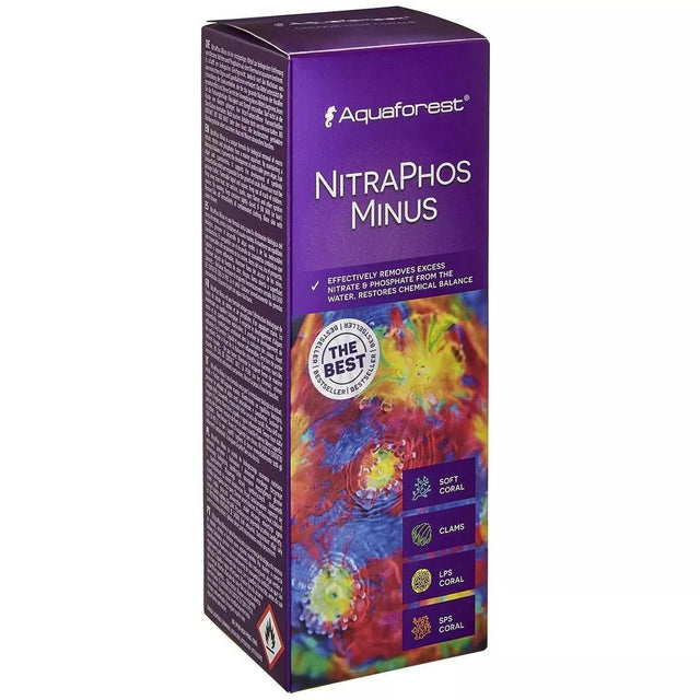 Aquaforest NitraPhos Minus for removing excess nitrates and phosphates, supporting coral health in aquariums.