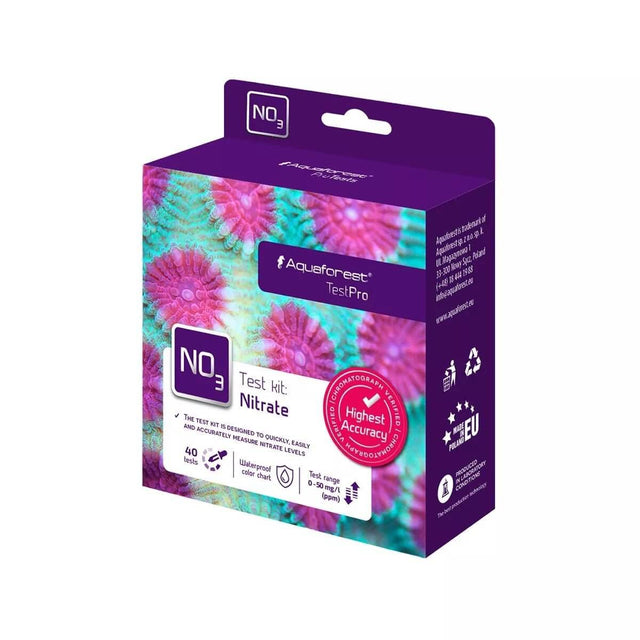 Aquaforest Nitrate NO3 Test Pro Kit packaging for accurate nitrate measurement in marine aquariums, includes 40 tests.