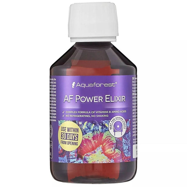 Aquaforest Power Elixir bottle featuring a blend of vitamins and amino acids for coral growth and health, no refrigeration needed.