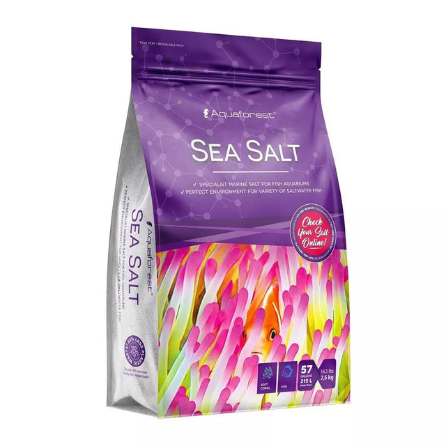 Aquaforest Sea Salt Mix for marine aquariums, ideal for fish and hardy corals, packaged in a vibrant bag design.