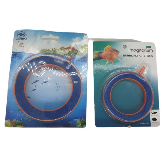 Two types of aquarium air stone rings in packaging for improved oxygen levels and water circulation.