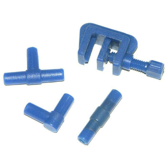 Airline tubing accessories set including Y-Piece, T-Piece, and straight connectors for aquarium aeration systems.