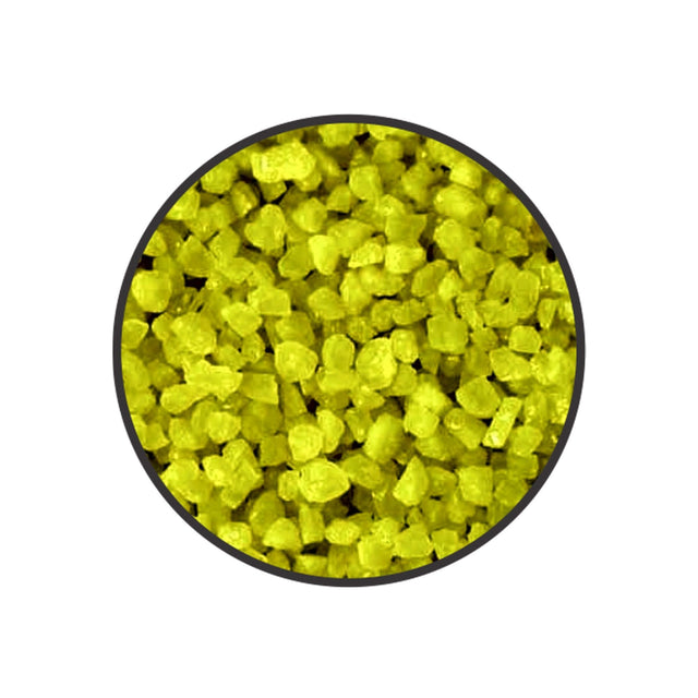 Bright yellow aquarium colored gravel, non-toxic and safe for fish and plants, 2.5mm grain size, 1kg packaging.