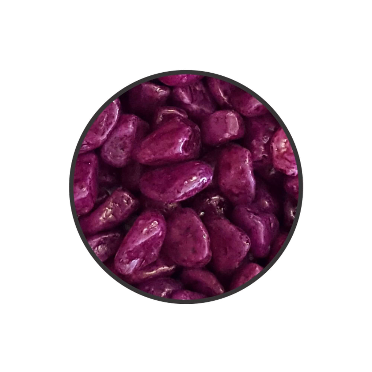Vibrant purple smooth stones for aquariums, safe for fish, plants, and shrimp, enhancing aquatic decor.