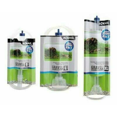 Three sizes of Aquarium Gravel and Glass Cleaner featuring 'easy start' suction for aquarium maintenance.