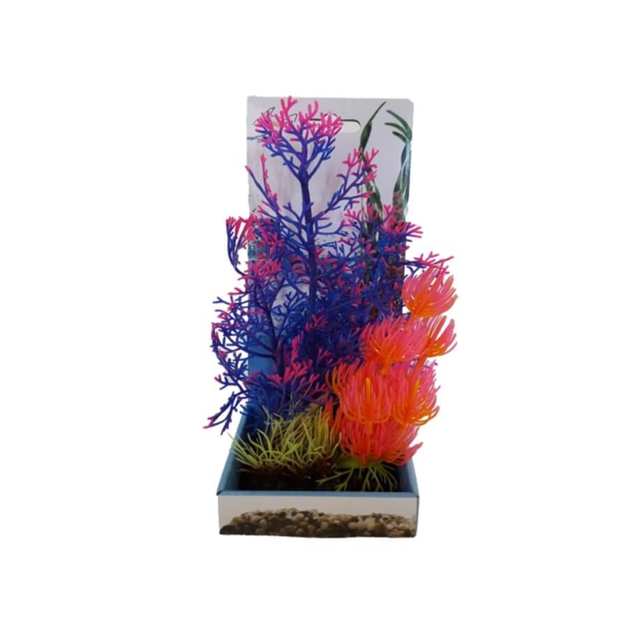 Vibrant Aquarium Plastic Plant PP7817 in blue and pink colors, ideal decor for fish tanks, low-maintenance ornament.