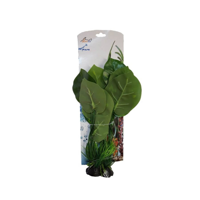 Aquarium Plastic Plant PP6415 in green, vibrant artificial plant decoration for fish tanks, low maintenance, ceramic base.