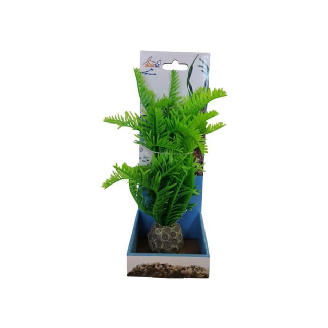 Aquarium Plastic Plant PP7515 in vibrant green, artificial decoration for fish tanks with ceramic base, low maintenance ornament.