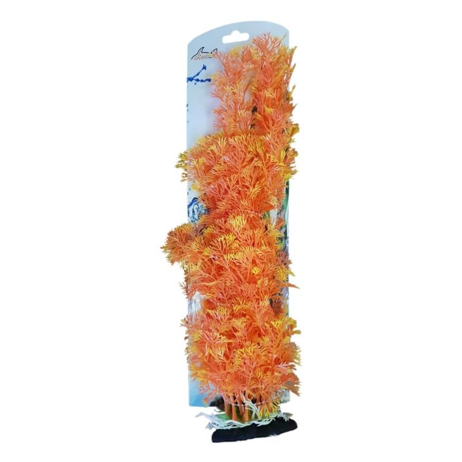 Vibrant orange artificial plastic plant decoration for aquariums, enhancing fish tank decor and providing low maintenance.