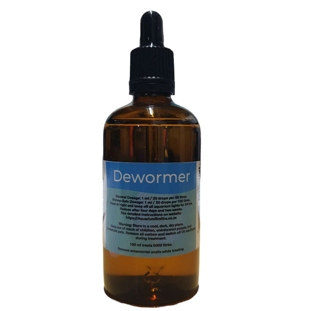 Aquarium Smiths Fish Dewormer Treatment bottle with dropper, designed for effective internal parasite control.