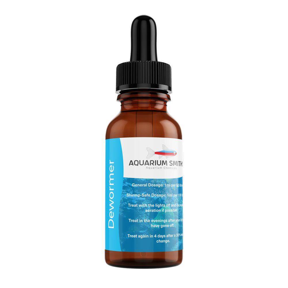 Aquarium Smiths Fish Dewormer Treatment bottle with dropper for parasite control in aquariums.