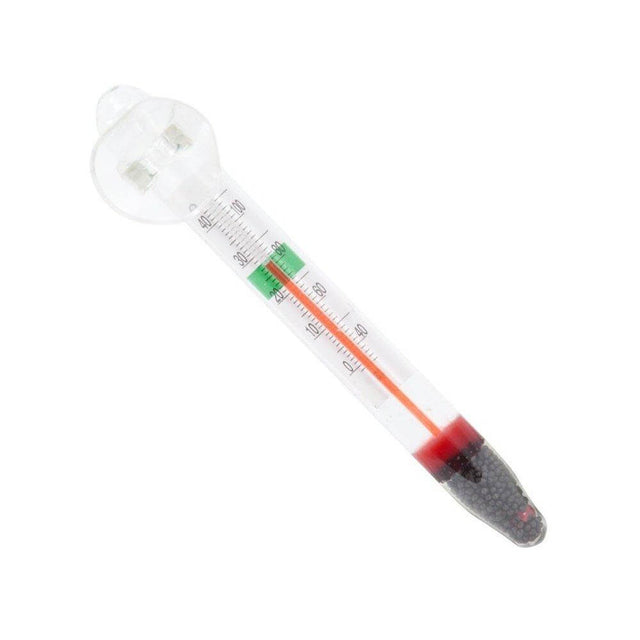Aquarium thermometer with suction cup, featuring clear design and accurate temperature scale for optimal aquatic care.