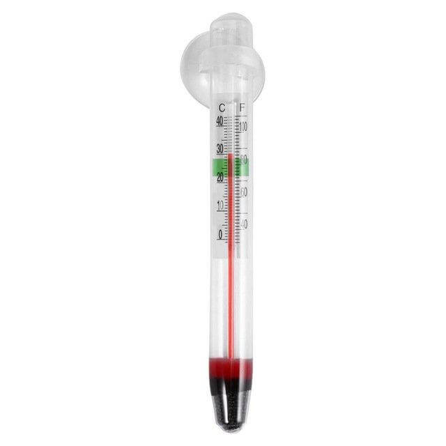 Aquarium thermometer with suction cup for accurate temperature readings in fish tanks.