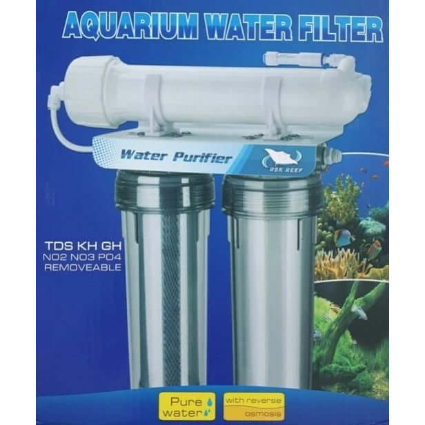 Aquarium water filter unit with reverse osmosis for improved water quality and removable components.