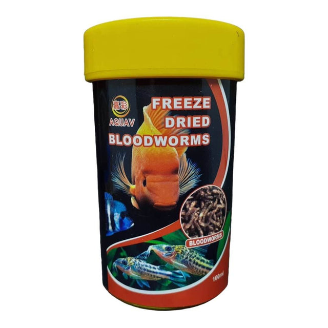 AQUAV Freeze Dried Bloodworms in a yellow container, ideal gourmet fish food for freshwater and saltwater aquariums.
