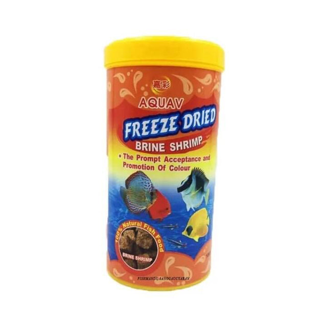 AQUAV Freeze Dried Brine Shrimp container featuring vibrant fish on the label, ideal food for small fish.
