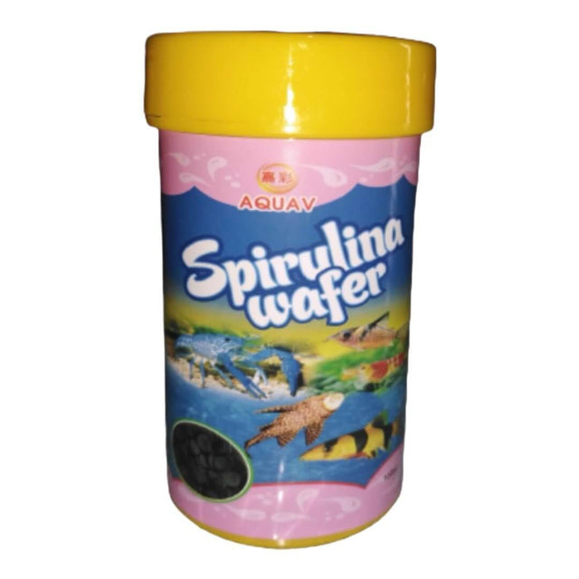 AQUAV Spirulina Wafers container for optimal fish nutrition in vibrant aquariums.