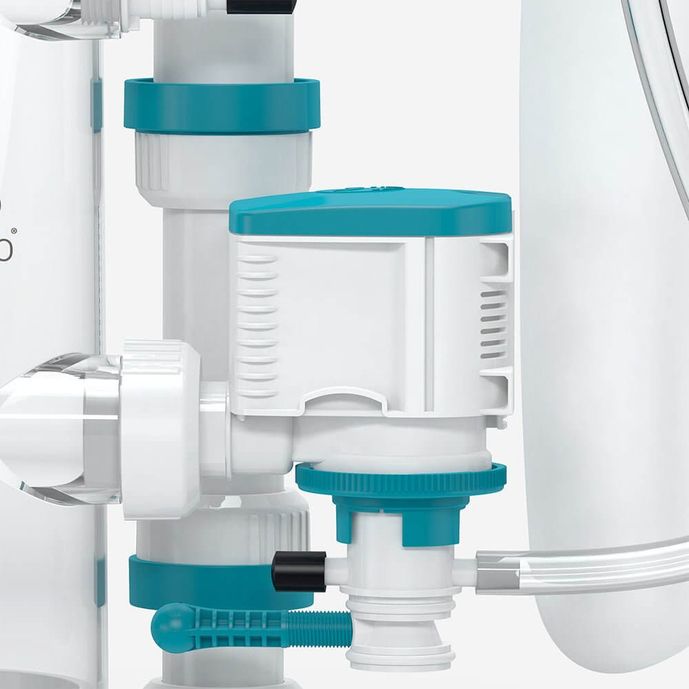 Close-up of Aquavitro Division Protein Skimmer’s unique drain regulation system for optimized performance.