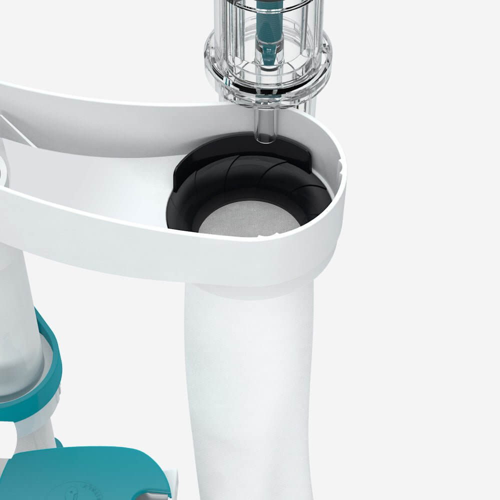 Close-up of Aquavitro Division Protein Skimmer showing polycarbonate collection cup and innovative design elements.