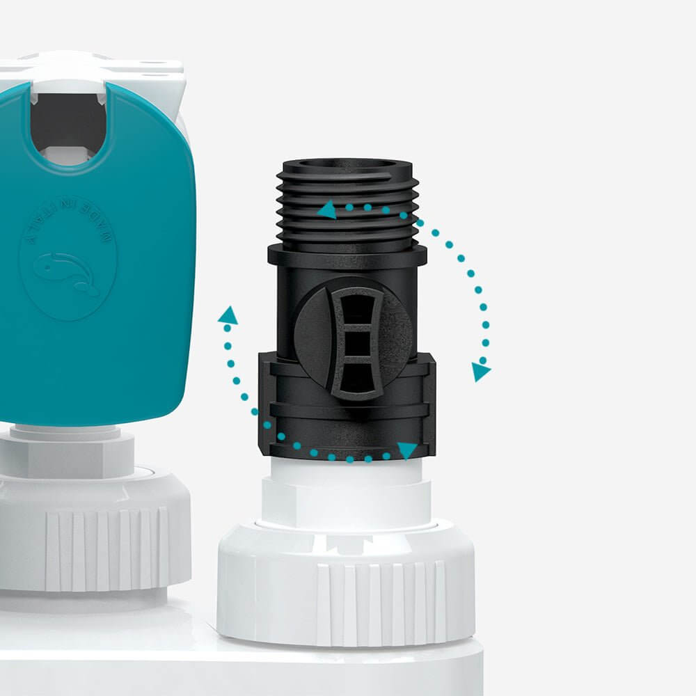 Aquavitro element M Media Reactor valve connector with adjustable flow control for efficient media filtration.