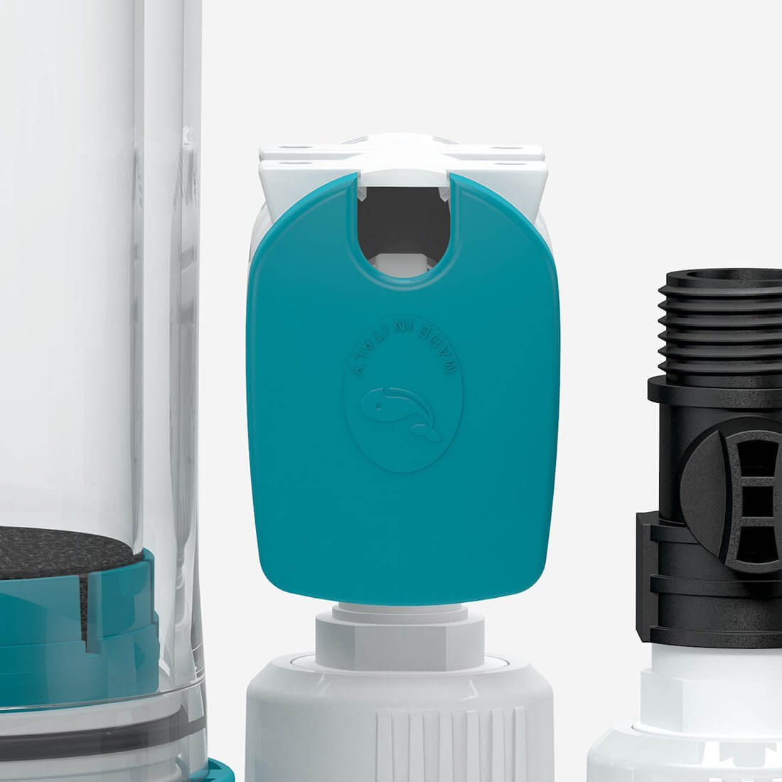 Close-up of Aquavitro element M Media Reactor components showcasing the innovative valve and connection features.