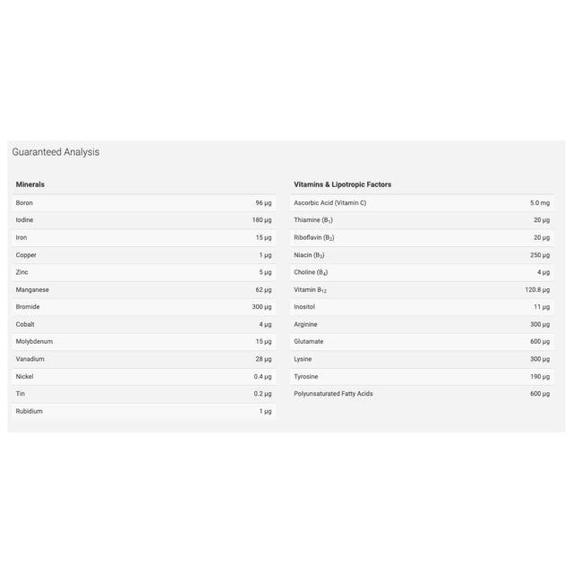 Guaranteed analysis of Aquavitro Reef Fuel, detailing minerals and vitamins for coral nutrition.