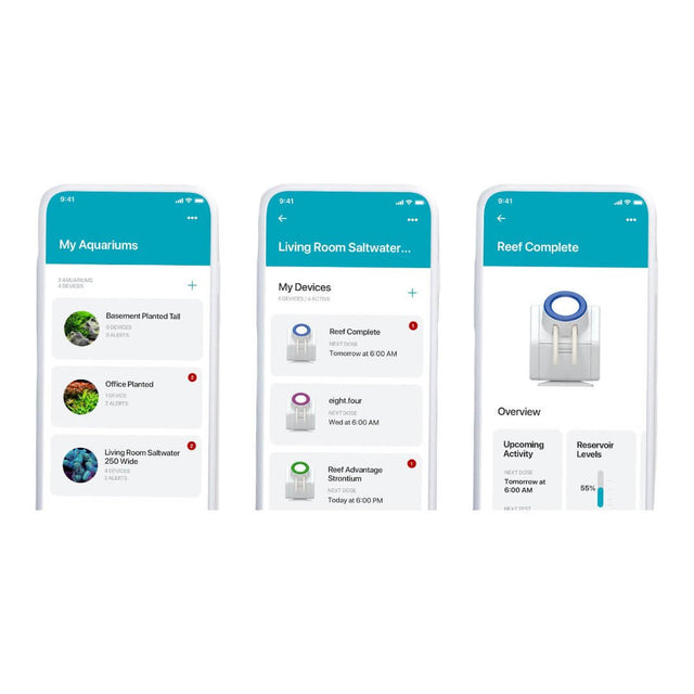 smartphone interface showing AquaVitro Sentia app with aquarium management and dosing schedules.