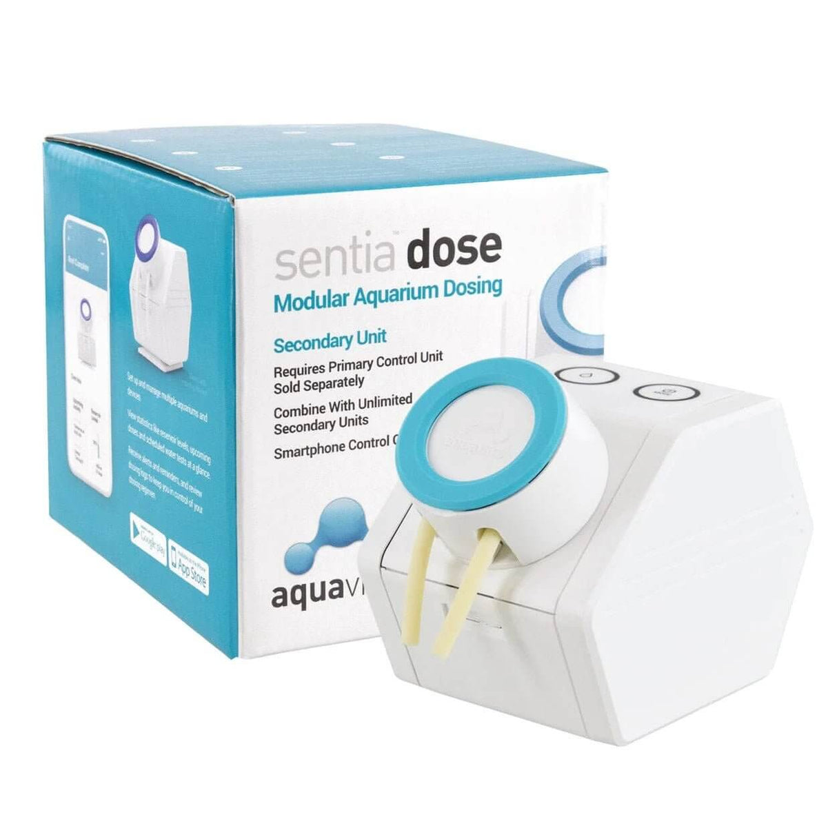 Aquavitro Sentia Dose Secondary Unit for aquarium dosing, showcasing smartphone control and modular functionality.