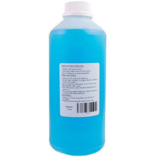 Aquazoi Alg Clean Pond Algae Remover bottle, 1 liter, featuring usage directions and safety precautions.
