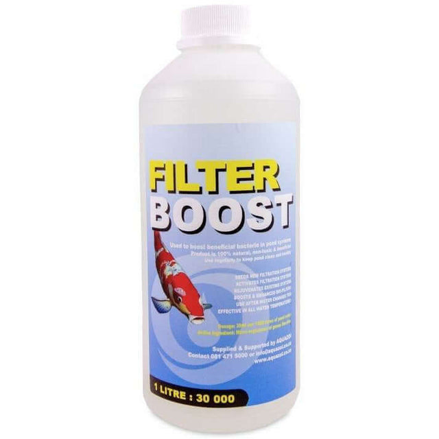 Aquazoi Filter Boost bottle for enhancing beneficial bacteria in ponds, safe for plants, pets, and wildlife.