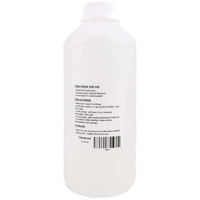Aquazoi Pond Filter Boost 1-liter bottle with usage directions and precautions for pond treatment.
