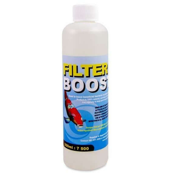 Aquazoi Filter Boost 250ml bottle for enhancing beneficial bacteria in ponds, safe for all aquatic life and plants.
