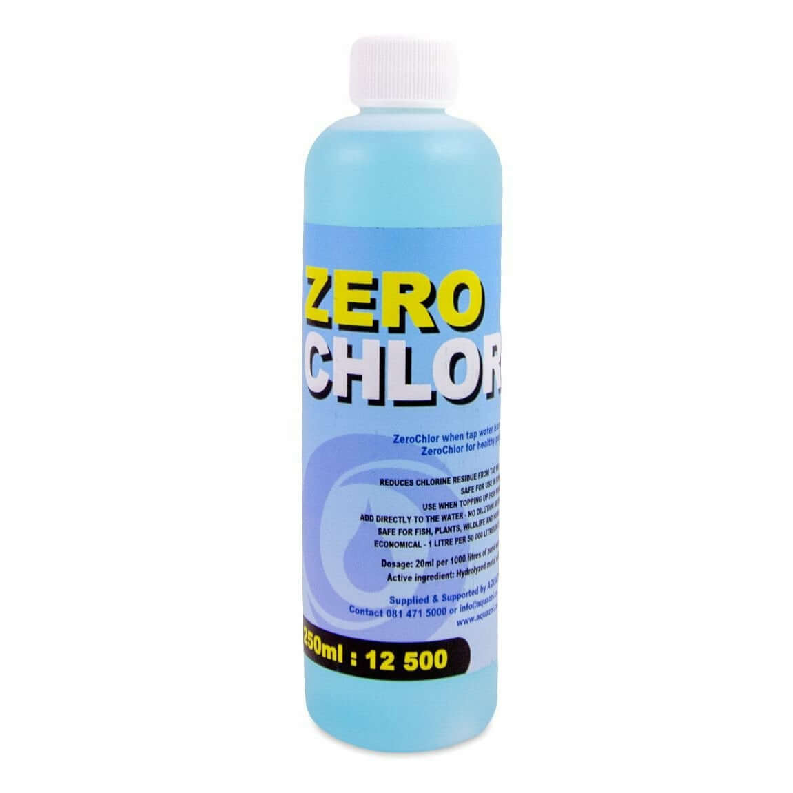 Aquazoi Zero Chlor Anti Chlorine bottle for removing chlorine from aquariums and ponds, eco-friendly and safe for aquatic life.