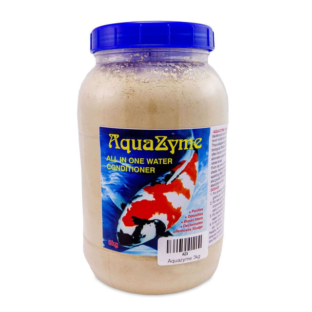 Aqua Zyme All in One Pond Water Conditioner jar with blue lid, promoting healthy pond water and fish care.