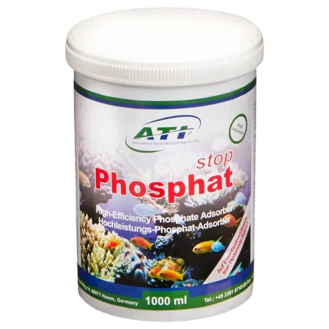 ATI Phosphate Stop Po4 Media container designed for reducing phosphates in aquariums, promoting vibrant aquatic health.
