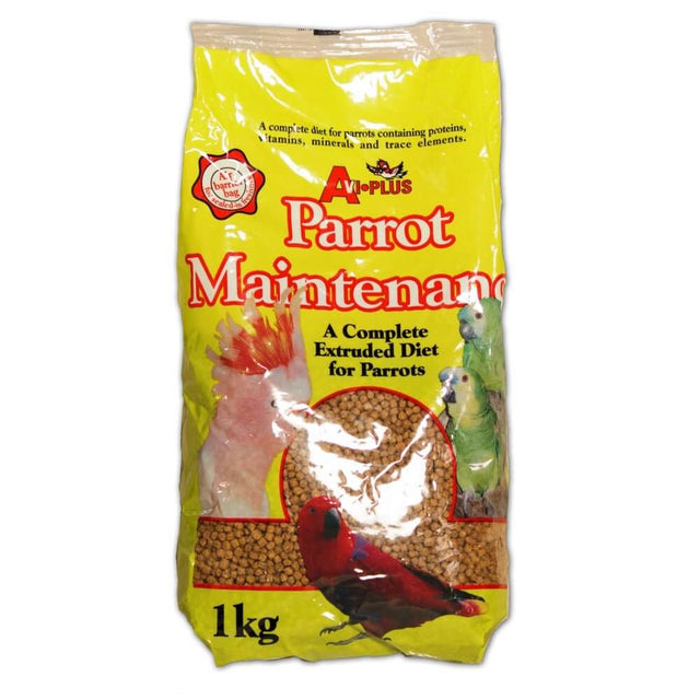 Avi Plus Complete Diet Maintenance 1kg for parrots, a nutritious pelleted feed for non-breeding psittacines.