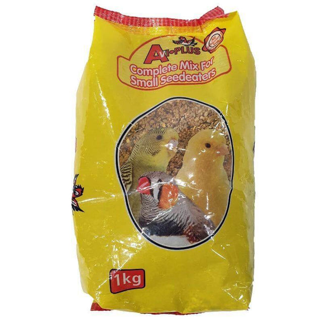Avi Plus Complete Mix for Small Seed Eaters 1kg bag featuring small birds, ideal nutrition for seed-eating birds.