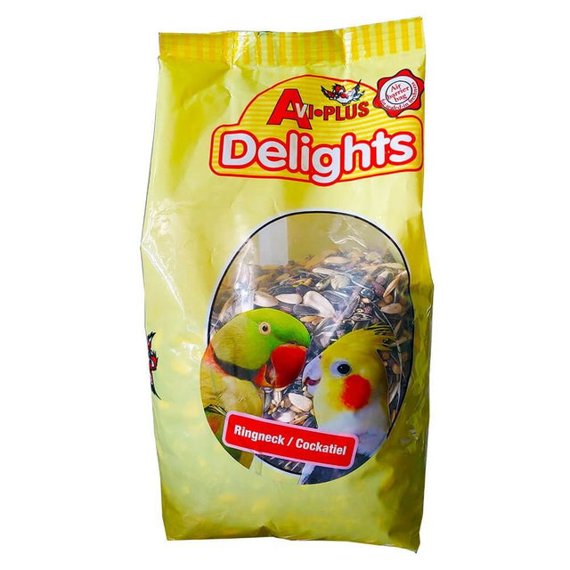 Avi Plus Delights Ringneck & Cockatiel 1kg seed mix packaging featuring vibrant birds on the front.