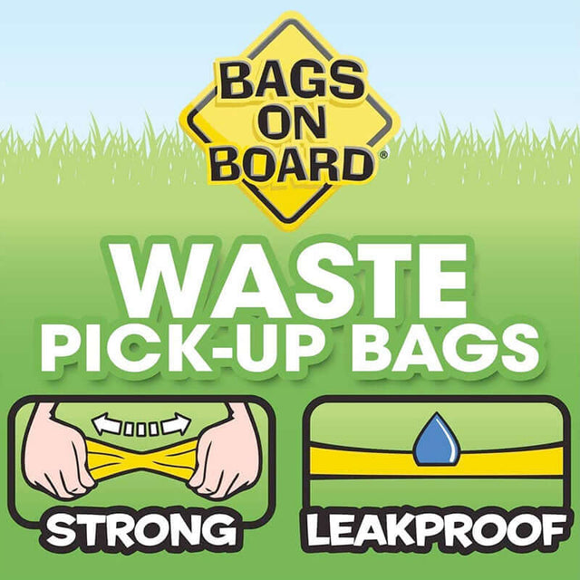 Bags on Board waste pick-up bags, featuring strong and leakproof design for easy pet waste disposal.