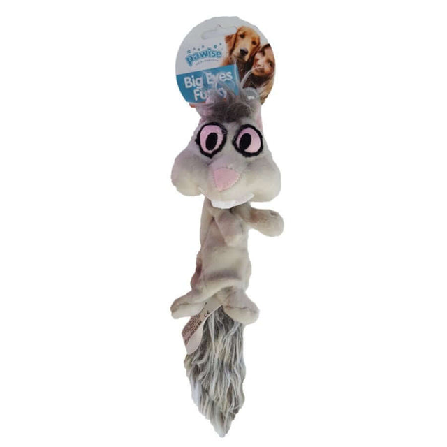 Big Eyes Funky Squirrel plush toy with large eyes and furry tail, featuring two squeakers for pet playtime entertainment.
