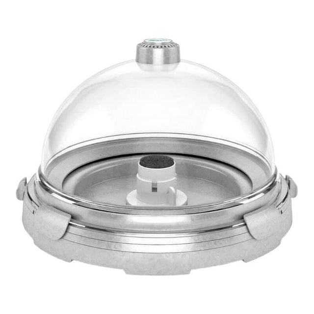 Elegant stainless steel food dome with a clear glass cover for serving dishes.