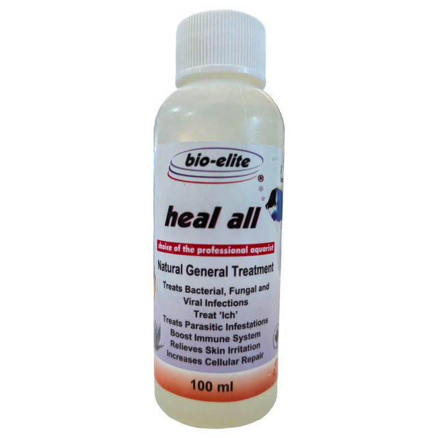 Bio-Elite Heal All fish treatment bottle for natural care against bacterial, fungal, and viral infections, 100 ml.