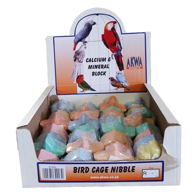 Colorful bird mineral blocks in display box, perfect nutrient-rich treat for birds to peck and play with.