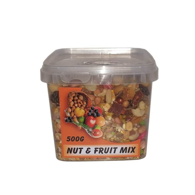 Bird Nut & Fruit Mix 500g tub featuring a colorful blend of nuts and fruits for your feathered friends.