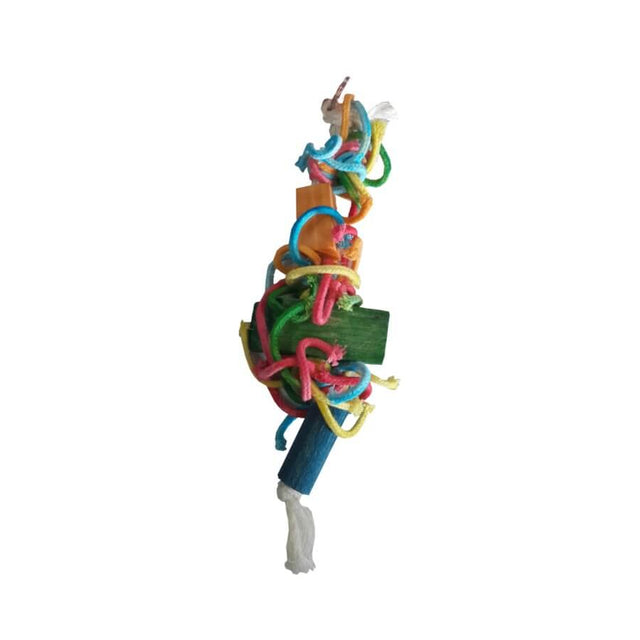 Colorful small wooden and rope bird toy designed for entertainment and exercise for pet birds.