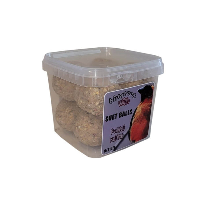 Birdies Suet Balls Peanut Butter in a clear tub with eight balls, perfect treat for backyard birds.