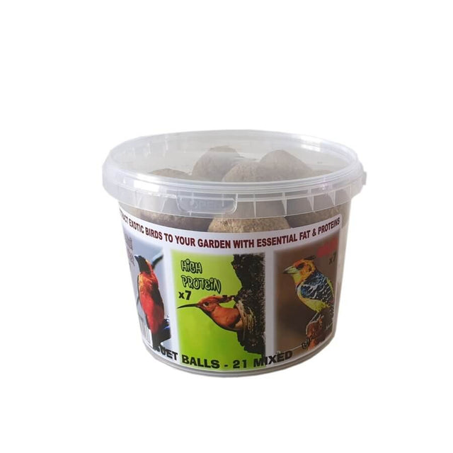 Birdies Suet Balls variety bucket containing 21 high protein suet balls for attracting wild birds to your garden.