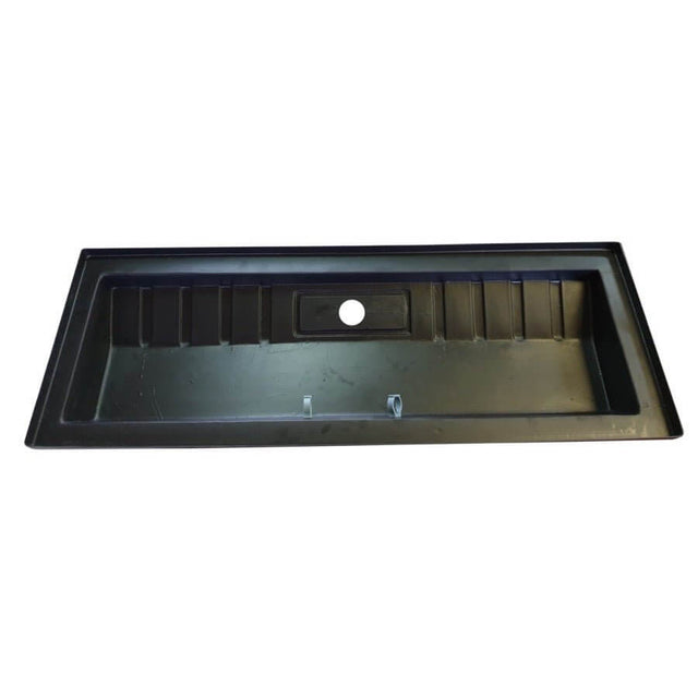 Black aquarium canopy base with a drain hole, designed for standard tank sizes and easy installation.