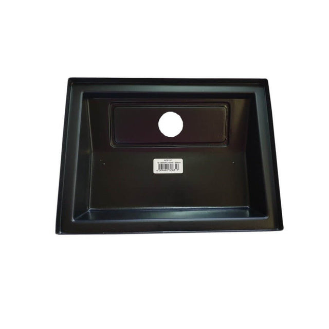 Black rectangular sink insert with center hole for drainage and barcode label on the base.