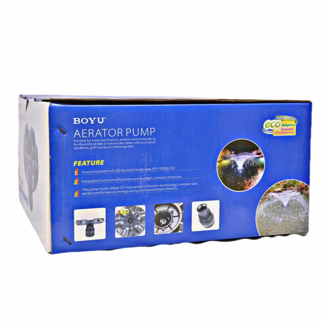 Box for Boyu Floating Fountain Air Pump with LED, showcasing features and images of the product.